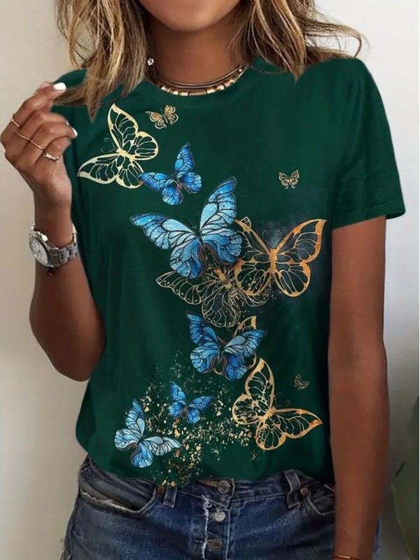 Kadın Kısa Kollu Mavi Sarı Kelebek Baskı Süprem Bluz, 23801